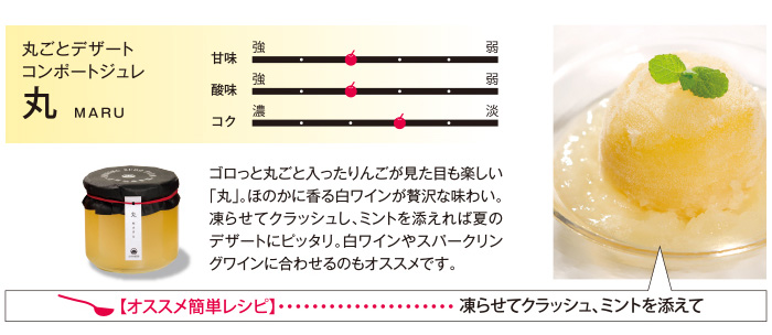 丸ごとコンポートジュレ ゴロッと丸ごと入ったりんごが見た目も楽しい「丸」、ほのかに香る白ワインが贅沢な味わい。凍らせてクラッシュし、ミントを添えれば夏のデザートにぴったり。白ワインやスパークリン不ワインに合わせるのもオススメです。